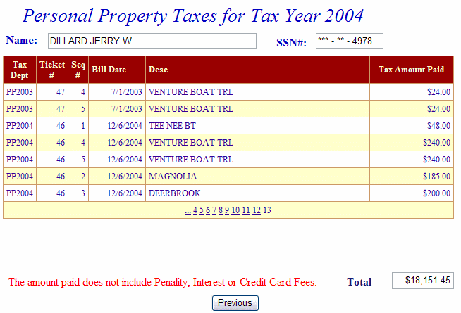 Taxes paid example screen